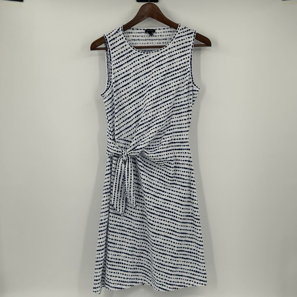 Talbots Dress Women's Small Cinch Waist Striped White Cotton Blue Dot Line